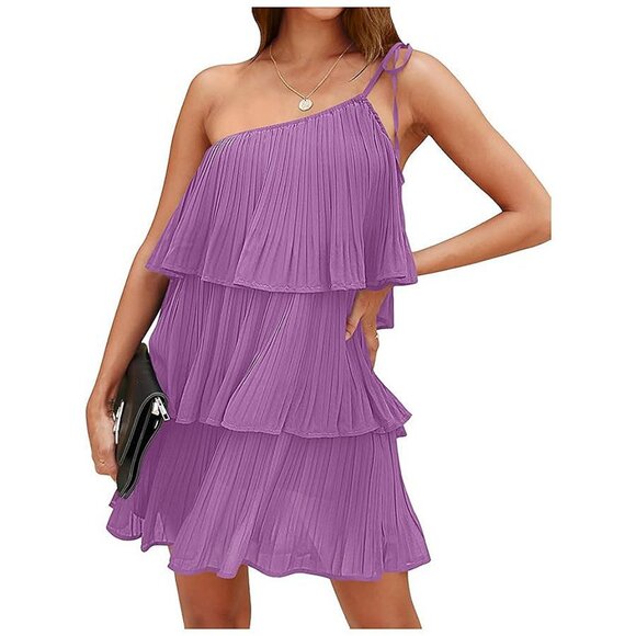 Dresses & Skirts - Summer One Shoulder Tie Mini Dresses Purple